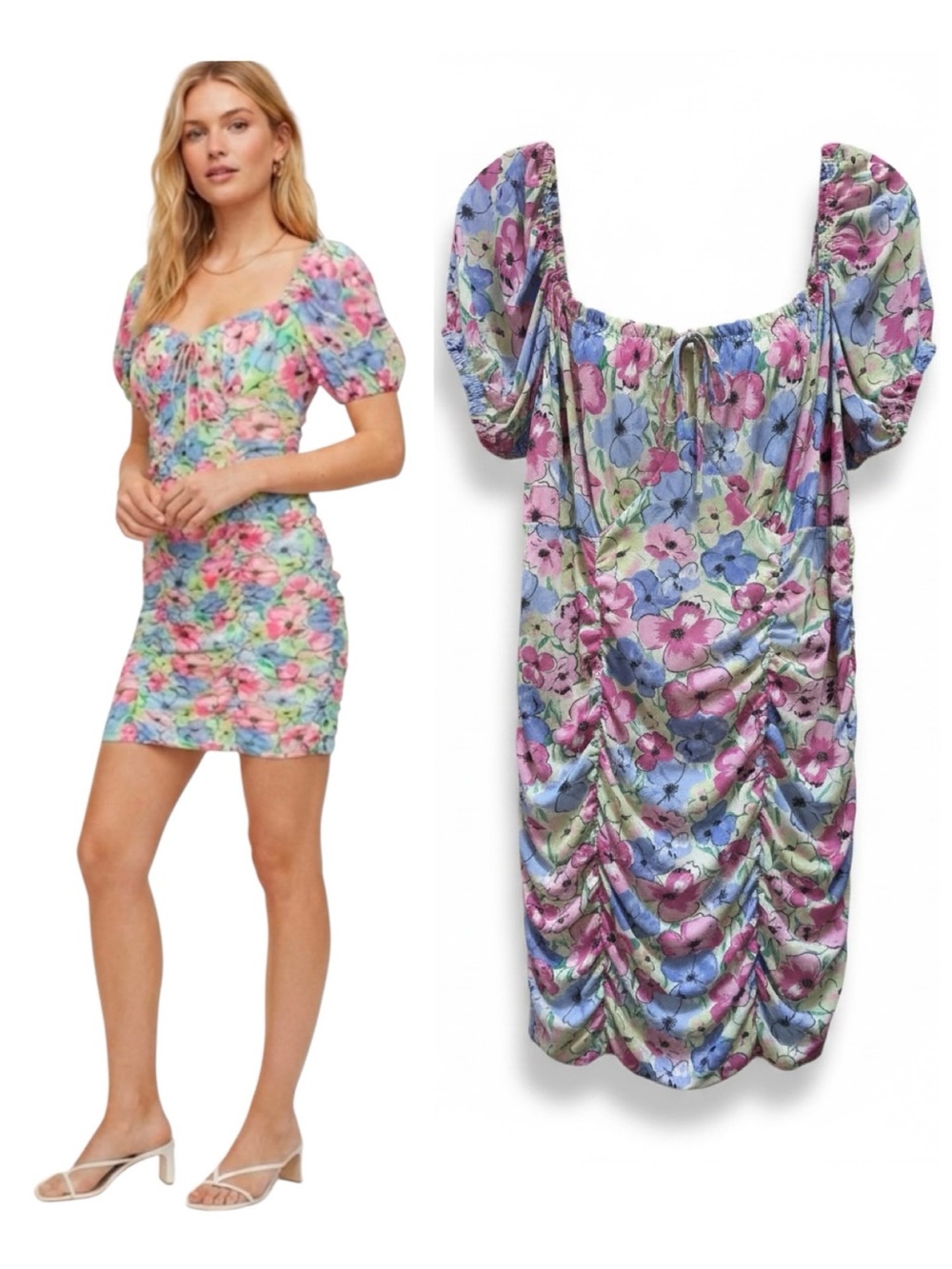H&M NEW Floral Ruched Floral Mesh Puff Sleeves XL Mini Dress Gathered Boho Y2K